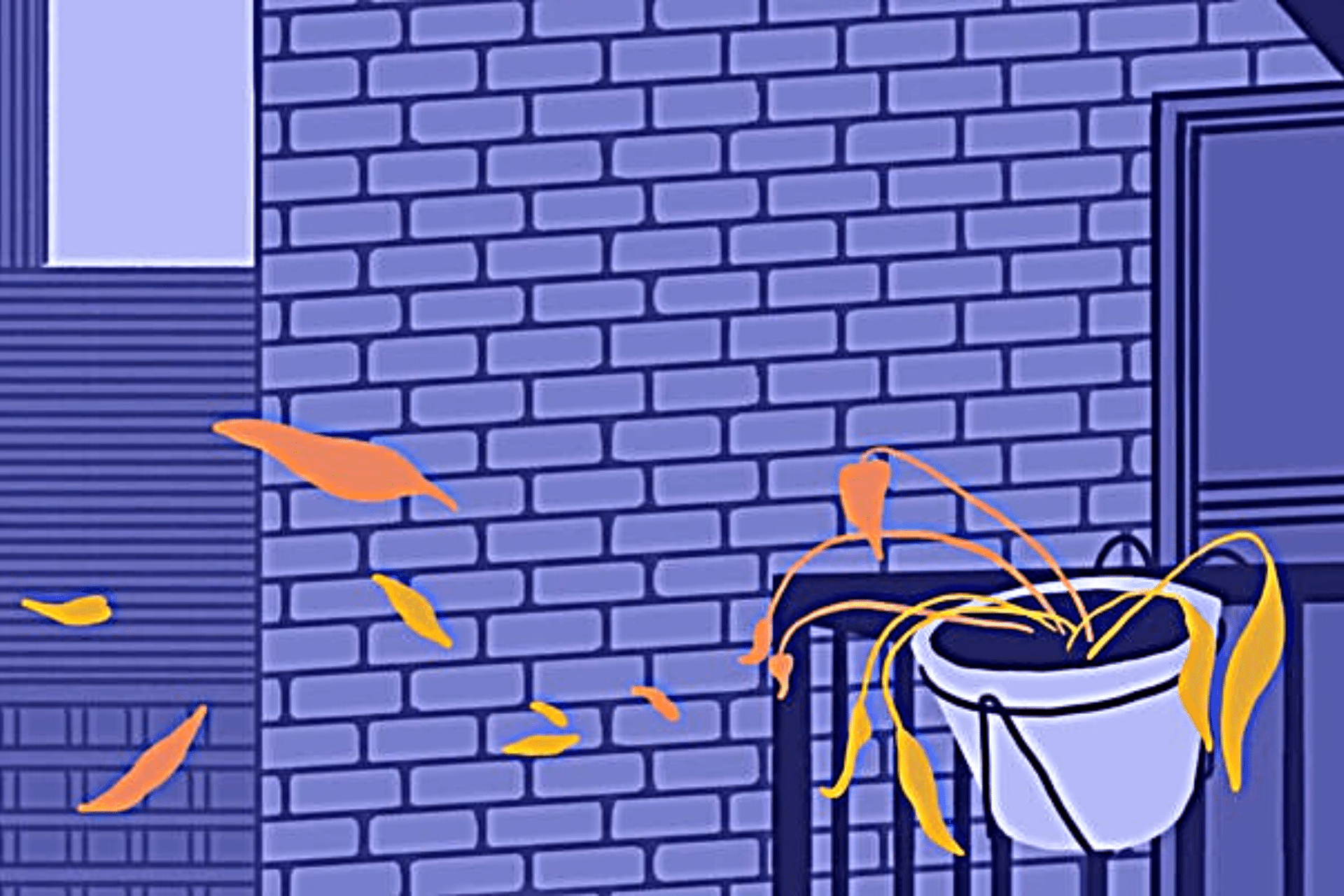 An image of a dying potted plant hanging on the fire escape stairs of an apartment building.