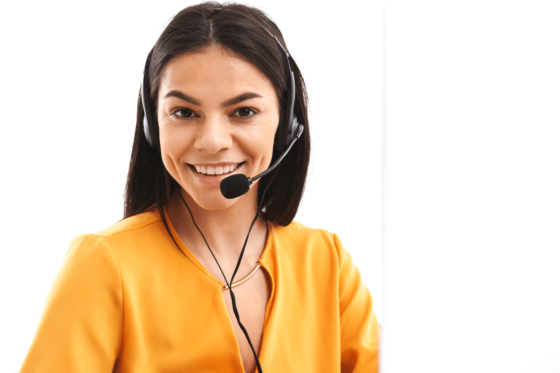 Joyful hotline assistant woman wearing headset.