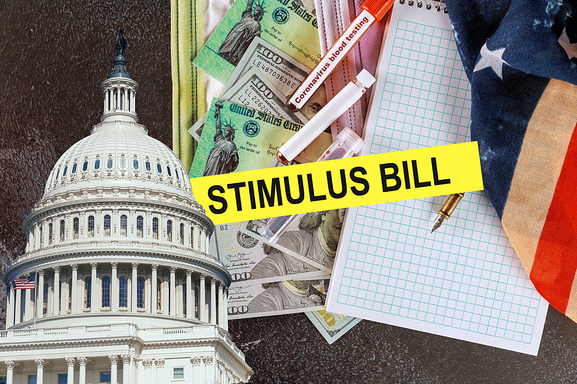 Federal reserve building. American flag. Notepad. US dollar bills. Text stating "STIMULUS BILL."